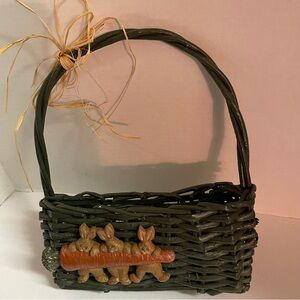 Green Wicker Basket with Bunnies with Carrot